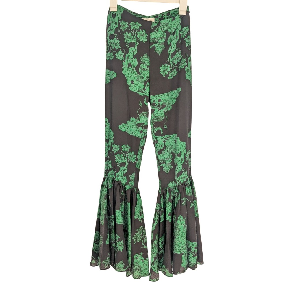 H&M White Lotus Dragon Print Flare Bell Bottom Pants Resort Boho Statement Small
